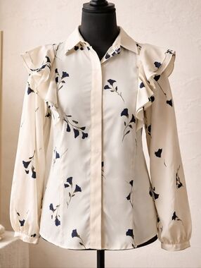 Ann Taylor Cream and Navy Floral Blouse